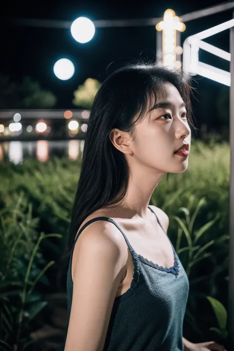 1girls，idolannequin，deep of field，Photo showing，filmes，Side face，Ruffle your hair，Look in the other direction，Skinny，Haha，fcollarbone，teeth，long way hair，Lazy，filmes，Dark blue camisole vest，selfee，Night，Boyfriend perspective