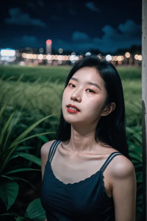 1girls，idolannequin，deep of field，Photo showing，filmes，Side face，Ruffle your hair，Look in the other direction，Skinny，Haha，fcollarbone，teeth，long way hair，Lazy，filmes，Dark blue camisole vest，selfee，Night，Boyfriend perspective