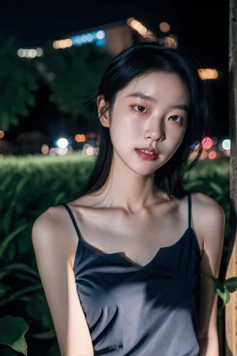 1girls，idolannequin，deep of field，Photo showing，filmes，Side face，Ruffle your hair，Look in the other direction，Skinny，Haha，fcollarbone，teeth，long way hair，Lazy，filmes，Dark blue camisole vest，selfee，Night，Boyfriend perspective