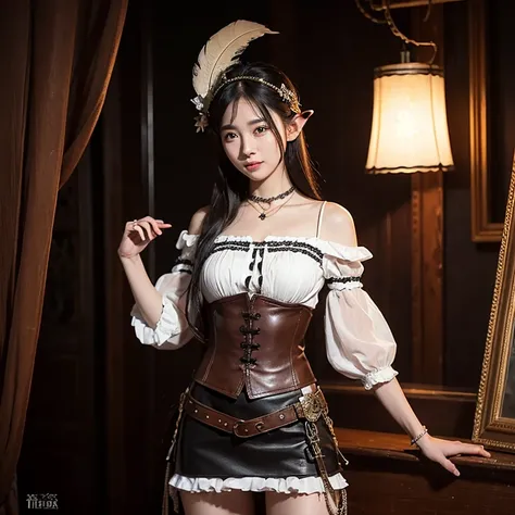 Oil painting.a young elf woman in steampunk style stands casually inside a dimly lit wooden ship, a half-corsage made of expensive leather over a white short-sleeved blouse, a chocolate and cream-colored skirt gathered on one side at the waist, decorated w...