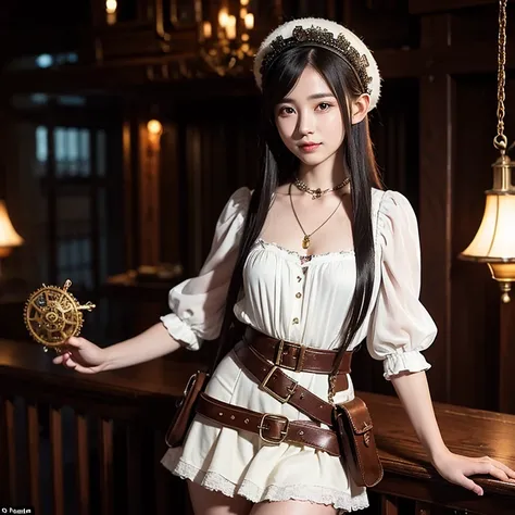 Oil painting.a young elf woman in steampunk style stands casually inside a dimly lit wooden ship, a half-corsage made of expensive leather over a white short-sleeved blouse, a chocolate and cream-colored skirt gathered on one side at the waist, decorated w...