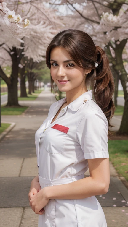 best quality, high resolution, photography of a stunning girl, full body, wearing a white nurse uniform,brunette hair, short pony tail hair, looks into the camera, symmetrical face, medium bust, 20year old, smile, Cherry Blossoms