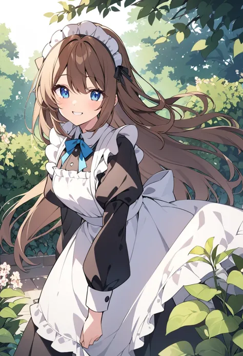 A girl with brown long hair and blue eyes dressed in a maid costume stands in the garden smiling 