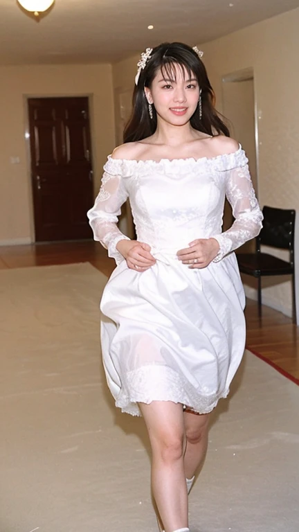 ((highest quality、8k、masterpiece:1.3))、Photoreal, sharp focus, High level image quality, High resolution,portrait, one person、Japanese、woman, beautiful woman, (((Wedding dress)))、30 years old, Plump, medium long hair、grin, Running towards me down the apart...