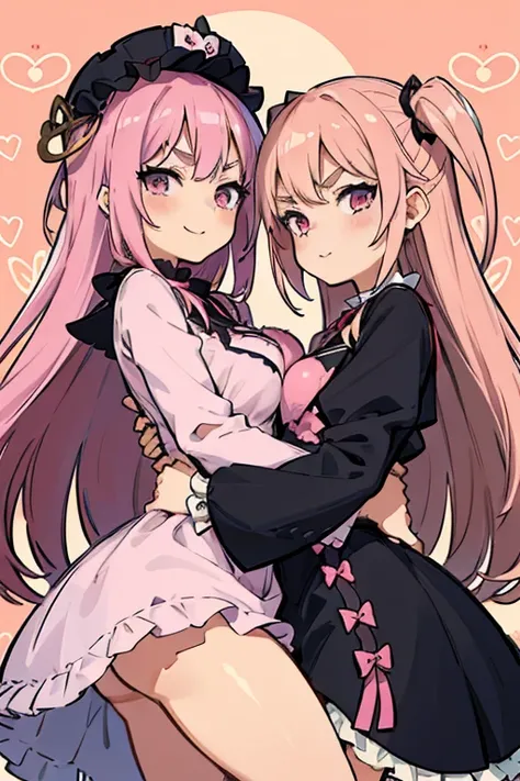 Girls with pink hair, long double-tailed hairstyle, ((small pink bushy eyebrows)), wearing lolita clothing, marked vagina, lolicon (Zankuro) drawing style by zankuro artist, Zancro style, image uploaded to R34, flirty smile, take a selfie from below, close...