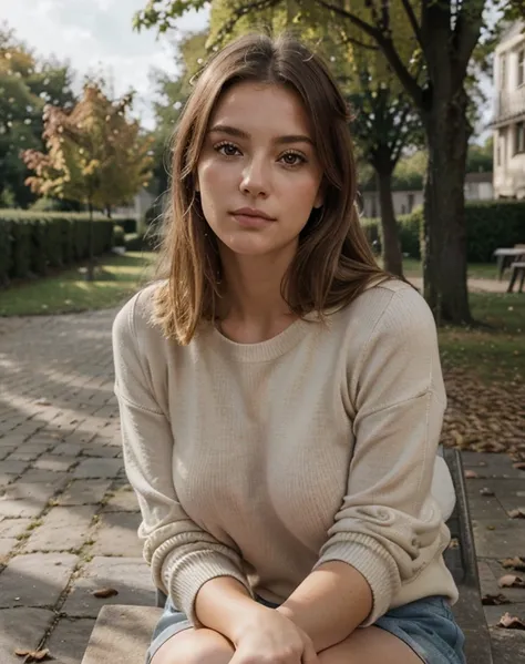 Un portrait réaliste d&#39;a thoughtful girl, cheveux blonds, corps parfait, gros seins sous un pull, leve son pull, assis sur un vieux, banc patiné dans un parc calme en automne, leaves scattered around&#39;elle, capturer les émotions nuancées de son visa...