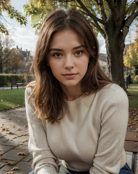 Un portrait réaliste d&#39;a thoughtful girl, cheveux blonds, corps parfait, gros seins sous un pull, leve son pull, assis sur un vieux, banc patiné dans un parc calme en automne, leaves scattered around&#39;elle, capturer les émotions nuancées de son visa...