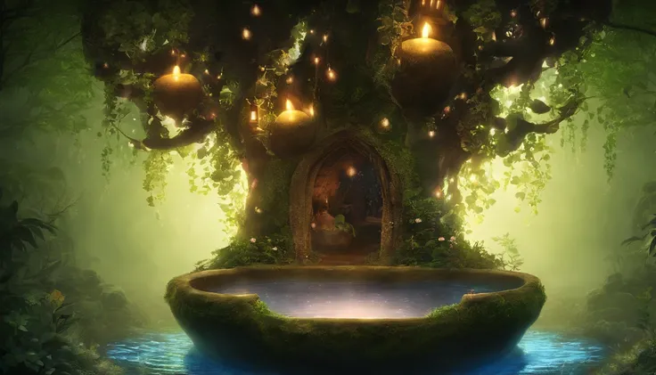 Surrounded by a dark forest, the fairy bathroom creates a tranquil and enchanting atmosphere, with a large tub hollowed out of a large tree or rock in the center, filled with bright water that glows silently in the darkness, The walls are clad in natural r...