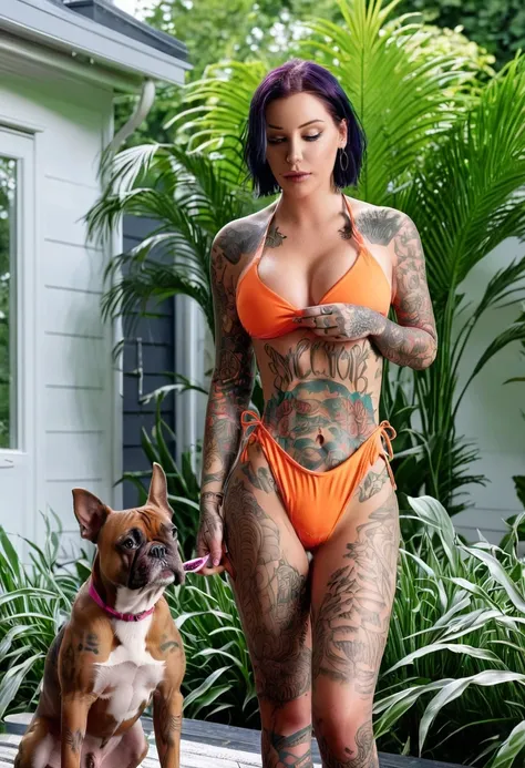 (masterpiece, best quality:1.2), 8K, 1girl, Laurence bedard, she is at home in the garden feeding her dog wearing swimwear full body tattoos