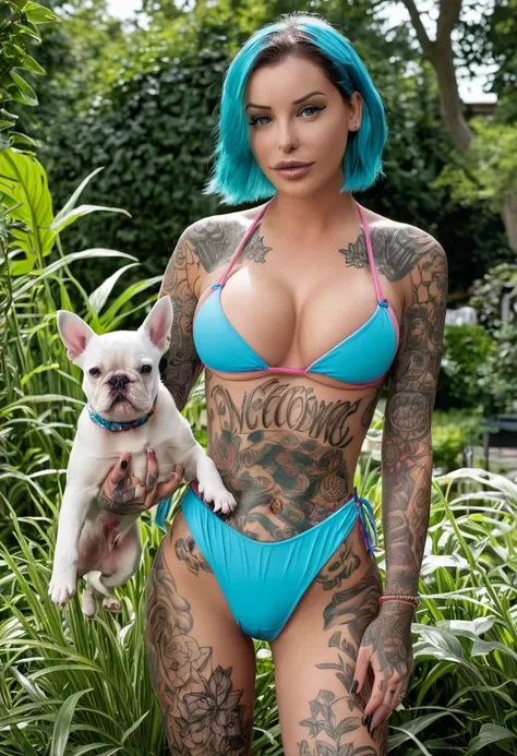 (masterpiece, best quality:1.2), 8K, 1girl, Laurence bedard, she is at home in the garden feeding her dog wearing swimwear full body tattoos