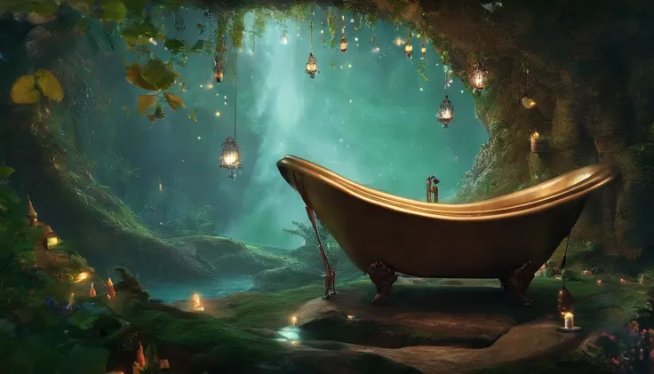 Surrounded by a dark forest, the fairy bathroom creates a serene and enchanting atmosphere, with a bathtub hollowed out of wood or rock, filled with bright water that glows silently in the darkness. A cascading shower adorned with sparkling crystals radiat...