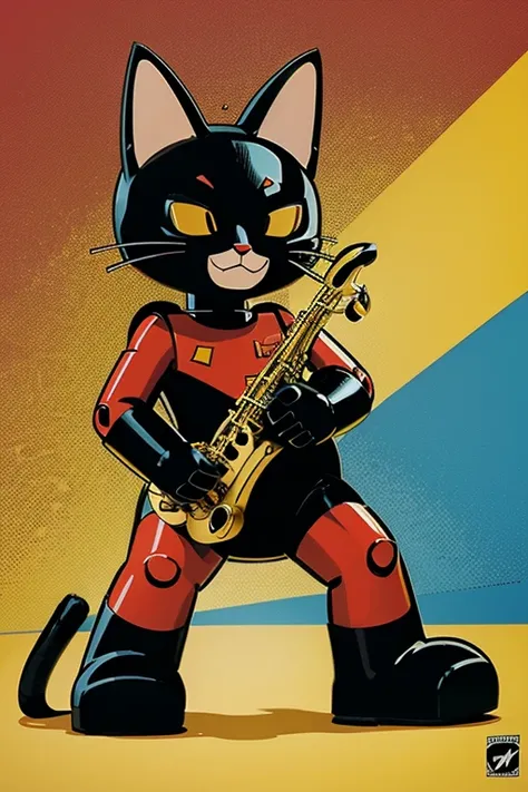 a cat robot playing sax style: cartoon illustration pop art comic
