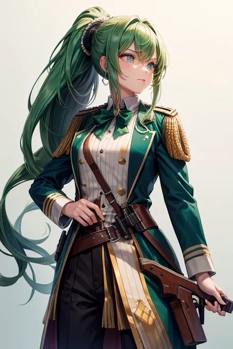 spencer gun,green hair,Beautiful woman dressed as a man,uniform,long hair,low ponytail