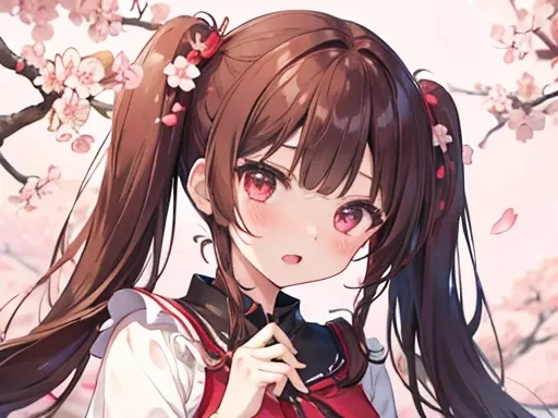 red face、Please open your mouth a little.、beautiful girl、brown hair、twin tails、Night cherry blossom background