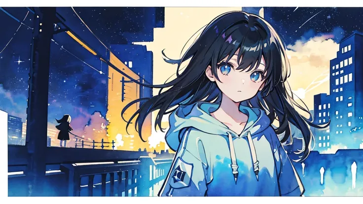 (watercolor), (low contrast), (1 girl, black hair, hoodie), (starry sky, building silhouette)