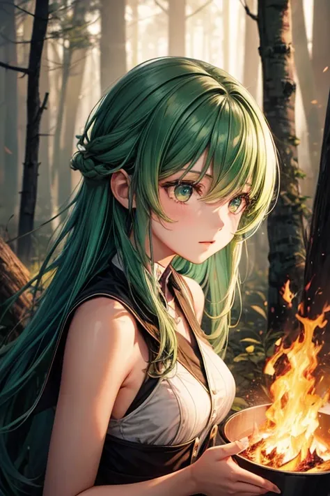 Burning the forest,girl,An illustration,green hair