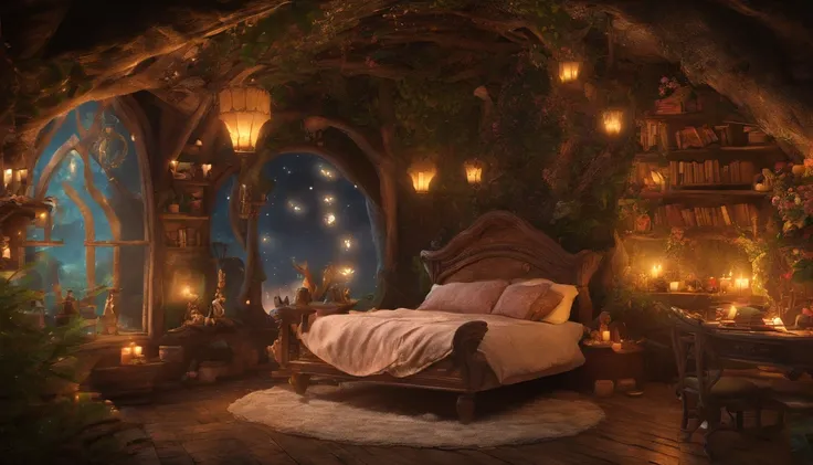  A bedroom in a fairy house at midnight, a rustic wooden bed with fluffy pillows and blankets, soft light from light fixtures made of natural materials, a small bookshelf in the corner of the room with ancient books and magical scrolls where knowledge and ...