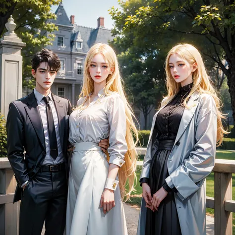 
A couple, 1 young incredibly beautiful woman and 1 young handsome tall attractive man, the girl has long golden hair, long bangs, blue eyes. She is wearing a skirt and blouse. Long straight white hair, unbuttoned white jacket, unbuttoned black shirt and w...