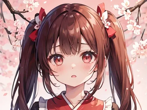 red face、Please open your mouth a little.、beautiful girl、brown hair、twin tails、Night cherry blossom background