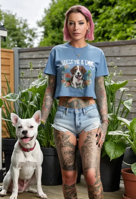 (masterpiece, best quality:1.2), 8K, Laurence bedard, she is at home in the garden feeding her dog wearing denim shorts cropped T-shirt, full body tattoos