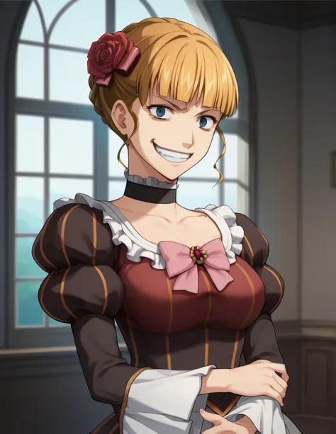 score_9, score_8_up, score_7_up, source_anime, 1girl, solo, beatrice \(umineko\), pink bow, choker, castle interior, dress, hair...