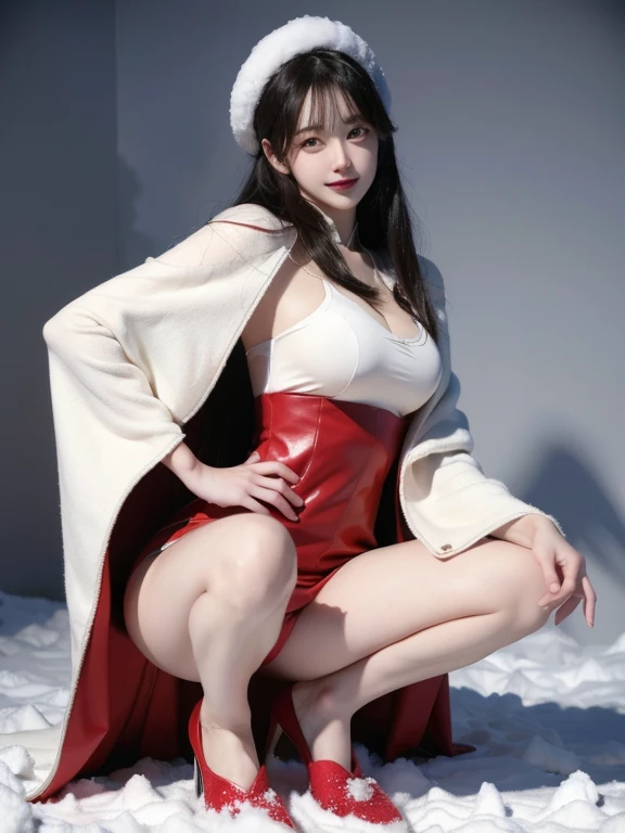 daughter，face camera，squatting and sitting，Slender legs，bare legs，(Focus on the thighs)，((External，Actual heavy snow，Cloak，covered with snow，(lolita costume)， Horizontal viewing angle)), , (8K, .original, professional, best quality, masterpiece: 1,2), (end...