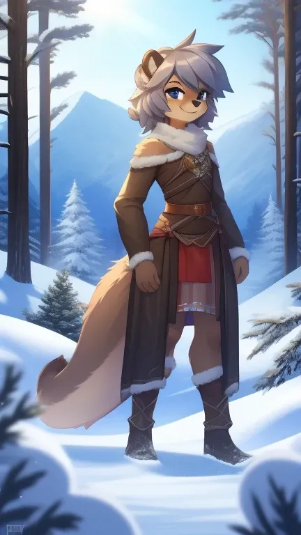 Best quality, Super detailed illustration, (fluffy otter boy:1.4) , feminine face and body, disheveled thick hair, warm clothes of the northern peoples, smug smile, half-closed eyes , against the backdrop of a winter forest and high snowy mountains ,femboy...