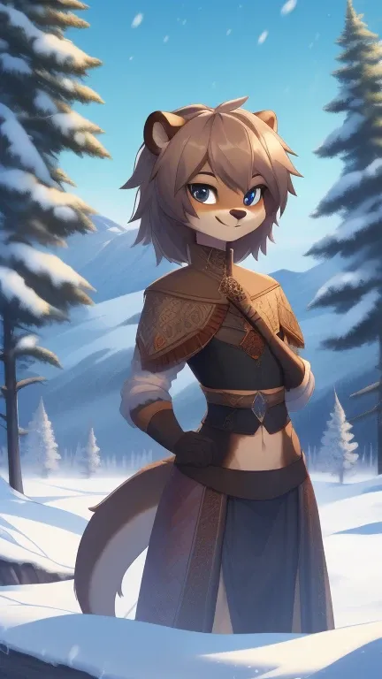 Best quality, Super detailed illustration, (fluffy otter boy:1.4) , feminine face and body, disheveled thick hair, warm clothes of the northern peoples, smug smile, against the backdrop of a winter forest and high snowy mountains ,femboy ,small waist, wide...