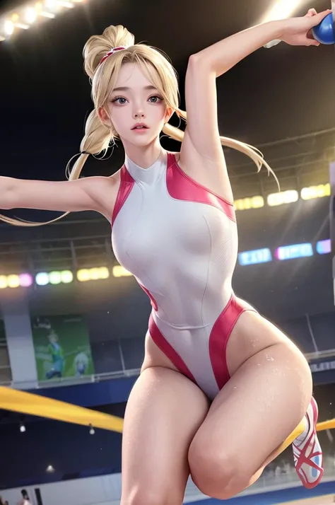 (Best Quality,8K,hight resolution,masuter piece:1.2),Ultra-detailed,Realistic:1.37,Portrait,Dynamic Angle,Womens rhythmic gymnasts ,Teenage girl,small head,Cute,Sporty,Charming face,Detailed beauty face,Very realistic skin,Wet skin,Sweat,Large breasts,Narr...