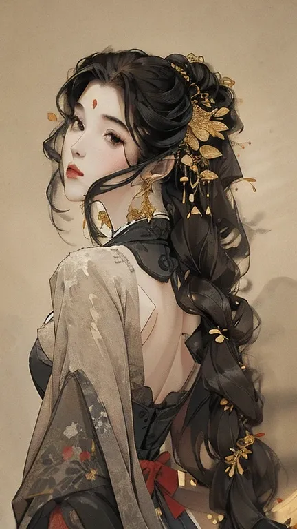 A young woman. Pale skin. Golden long hair. Black chiffon veil covered her head untill her face. Golden hairpiece and jewerry. Backlit. Black chinese ink and grey background