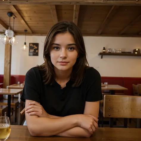 Jeune femme brune de 25 ans assise au restaurant