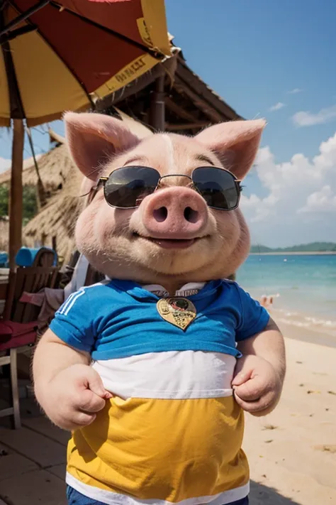 Captain pig wearing sunglasses, Surasang, happy photo