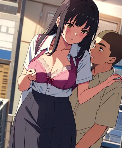 shinkai makoto, kimi no na wa., 1boy, buzzcut,office suit, boy caressing girls body, kiss cheeks, passionate hug, boy is hugging from behind, breast groping from behind, 1girl, bangs, black hair, brown eyes, Twisted Half Up, red ribbon, long hair, yellow b...