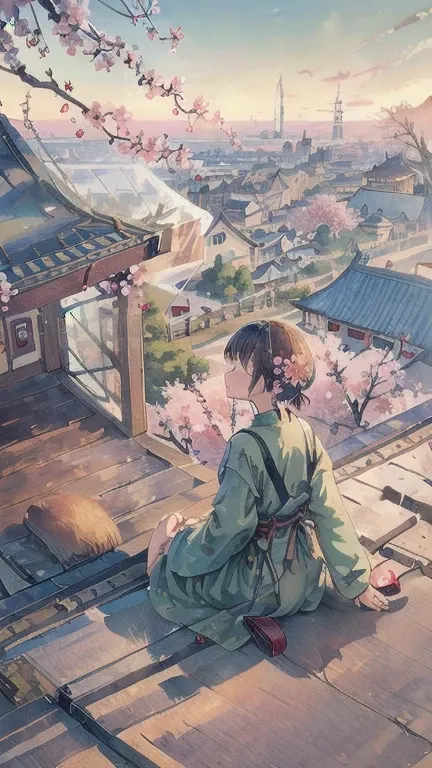 highest quality, masterpiece, very detailed, detailed background, anime, 1 girl, young girl, short girl, SF, cherry blossoms, outdoor, morning, greenhouse, giant structure, Wind景, scenery, horizon, rooftop, sitting on rooftop, Wind, avert your eyes, atmosp...