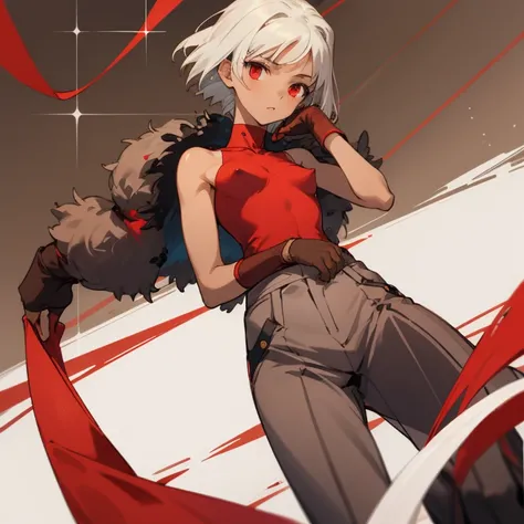 ((highest quality)), ((masterpiece)), (be familiar with), CANAAN, 1 girl, alone, silver hair,brown skin,red eyes,long pants,red sleeveless,Clothes with a visible back, Slender,slender,short hair,small breasts, erect nipples, gloves, put your hand on your w...