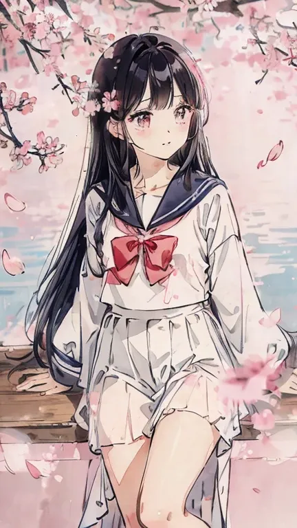 sailor suit、bright color、soft lighting、black haired、Photo studio、Floral,Bright cherry blossoms,The left half of the screen is cherry blossoms