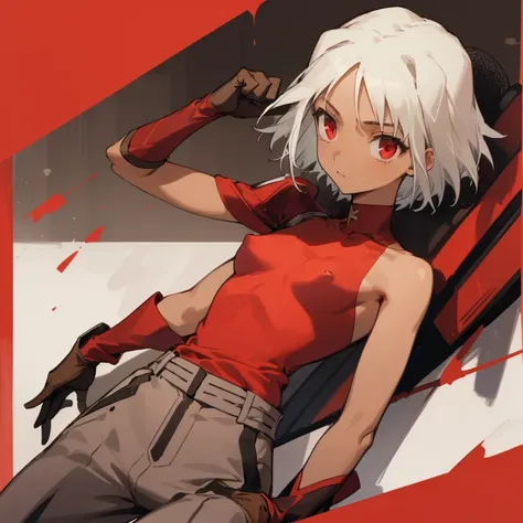 ((highest quality)), ((masterpiece)), (be familiar with), CANAAN, 1 girl, alone, silver hair,brown skin,red eyes,long pants,red sleeveless,Clothes with a visible back, Slender,slender,short hair,small breasts, erect nipples, gloves, put your hand on your w...