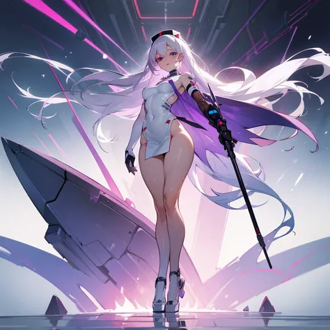 totally naked, futuristic battle medic, nurse, beautiful body, sexy, beautiful face, sexy pose, anime, white hair, purple red and blue eyes, worried, long hair, silver hair, full body, legs, wet pussy