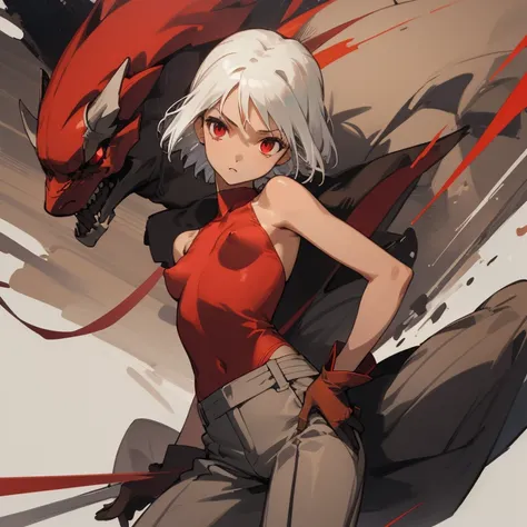 ((highest quality)), ((masterpiece)), (be familiar with), CANAAN, 1 girl, alone, silver hair,brown skin,red eyes,long pants,red sleeveless,Clothes with a visible back, Slender,slender,short hair,small breasts, erect nipples, gloves, put your hand on your w...