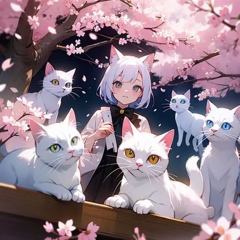 Odd-eyed white cat and cherry blossoms