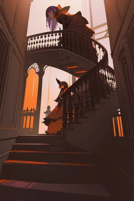 (nsfv) Ghost Girl Climbing Victorian Stairs (Victorian house) ((Haunted Manor)) ((ghostly ambient)) (Foyer) wide view, Girl climbing the stairs, Tim Burton inspired, (((violet, orange, brown, red, dark gray palette))) (((twilight light)))