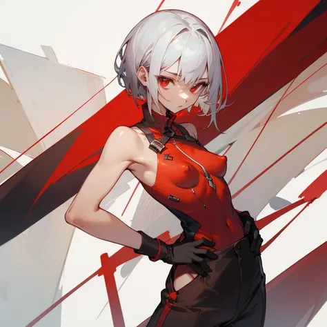 ((highest quality)), ((masterpiece)), (be familiar with),  1 girl, alone, silver hair,brown skin,red eyes,long pants,red sleeveless,Clothes with a visible back, Slender,slender,short hair,small breasts, erect nipples, gloves, put your hand on your waist