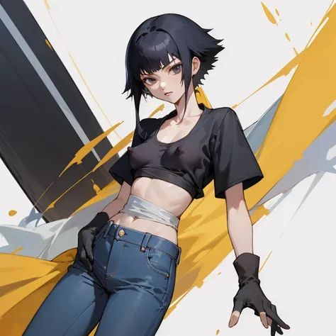 ((highest quality)), ((masterpiece)), (be familiar with),  BLEACH,Soi Fon, 1 girl, alone,  erect nipples, black hair,slanted eyes, Black clothes,black shirt,jeans, Slender,slender,short hair with long locks, short hair, small breasts, gloves, put your hand...