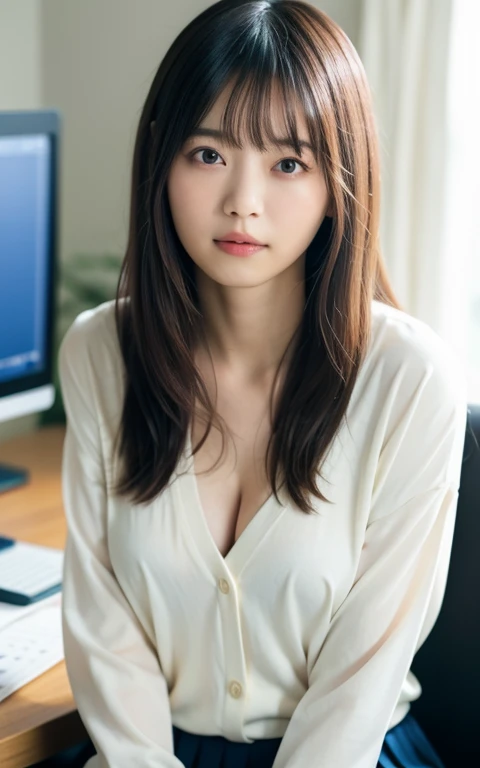 table top, highest quality, 16k, 1 girl, 16, big breasts, Raw photo, professional photography, portrait, late night office、sitting in front of the computer、soft light, professional lighting, alone, 笑face, close,  face, close, cute, girly, goddess, delicate...