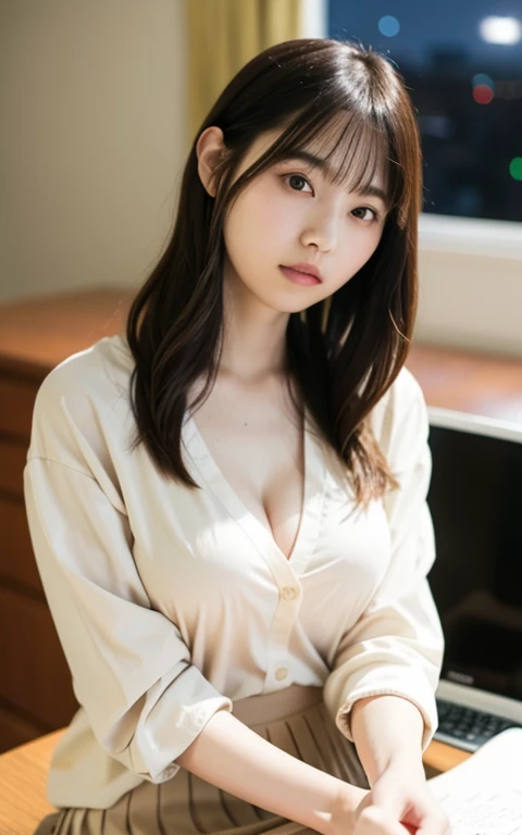 table top, highest quality, 16k, 1 girl, 16, big breasts, Raw photo, professional photography, portrait, late night office、sitting in front of the computer、soft light, professional lighting, alone, 笑face, close,  face, close, cute, girly, goddess, delicate...