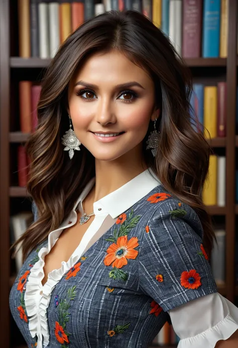 (((beautiful gorgeous Nina Dobrev, posing for photos, looking sexy, showing off her smile, ruffled lips, long flowing hair, extremely pretty eyes))), ((wearing floral silver necklace)), realistic photograph, highly detailed, sharp focus, (key lighting), (i...