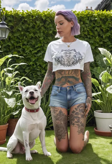 (masterpiece, best quality:1.2), 8K, Laurence bedard, she is at home in the garden feeding her dog wearing denim shorts cropped T-shirt, full body tattoos