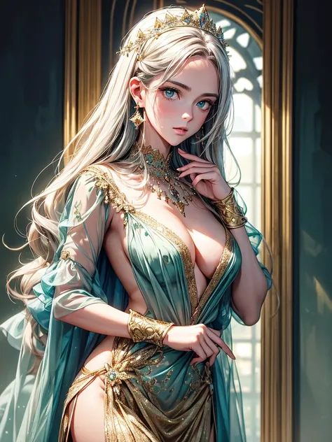 (best quality, high resolution, masterpiece:1.2), Super detailed, Beautiful and delicate lake green eyes, Beautiful and delicate lips, extremely detailed face, super long hair, 1 girl, royal members, Beautiful girl with golden beige hair, (Wearing a royal ...