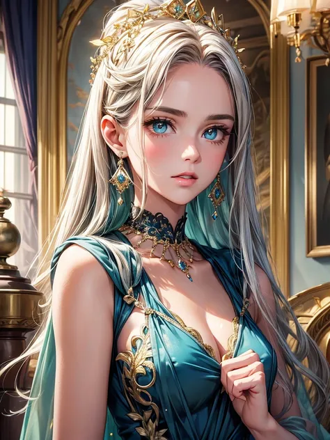 (best quality, high resolution, masterpiece:1.2), Super detailed, Beautiful and delicate lake green eyes, Beautiful and delicate lips, extremely detailed face, super long hair, 1 girl, royal members, Beautiful girl with golden beige hair, (Wearing a royal ...