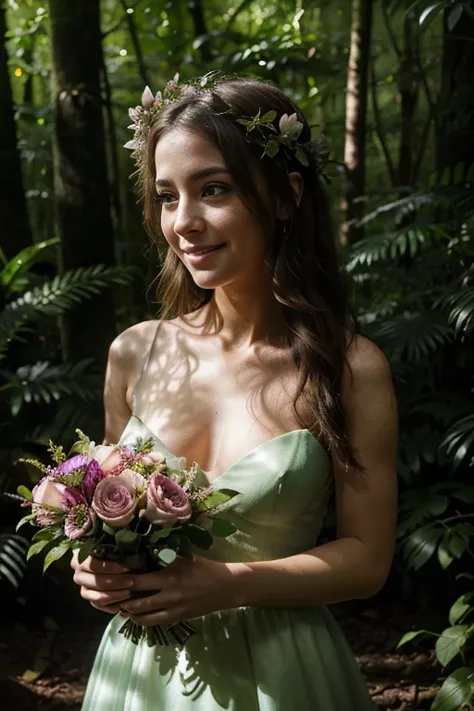 A captivating enchantress emerges from the depths of a lush forest, her skin aglow with faerie light, while holding a bouquet of enchanted blossoms and her radiant smile illuminating the darkest of shadows.